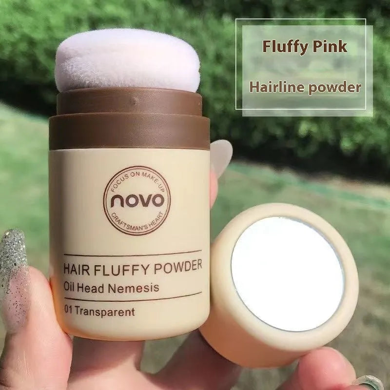 Compact of oil control face powder for bangs and hairline in natural, brown, or dark brown shades.