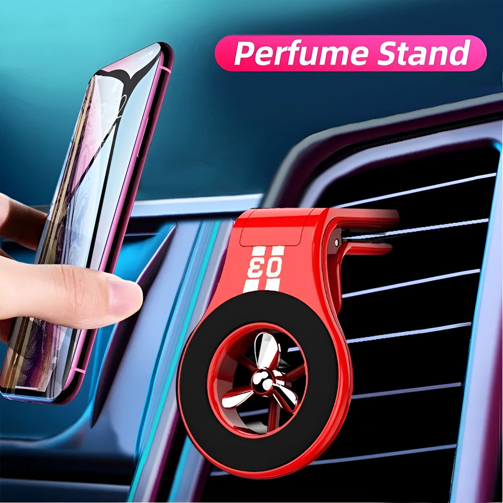 Magnetic car phone holder mounted on car air vent with smartphone attached and adjustable angle bracket