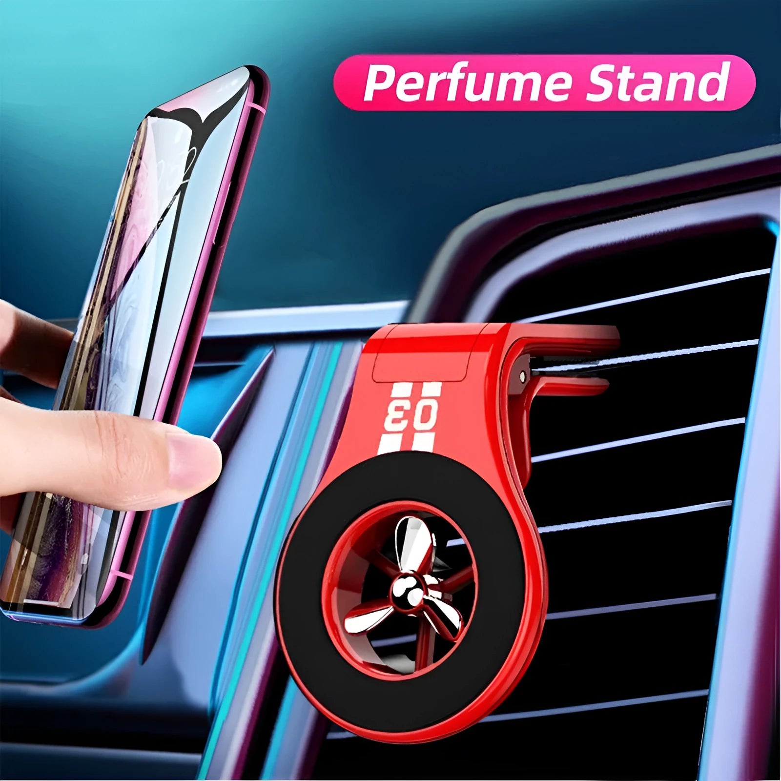 Magnetic car phone holder mounted on car air vent with smartphone attached and adjustable angle bracket