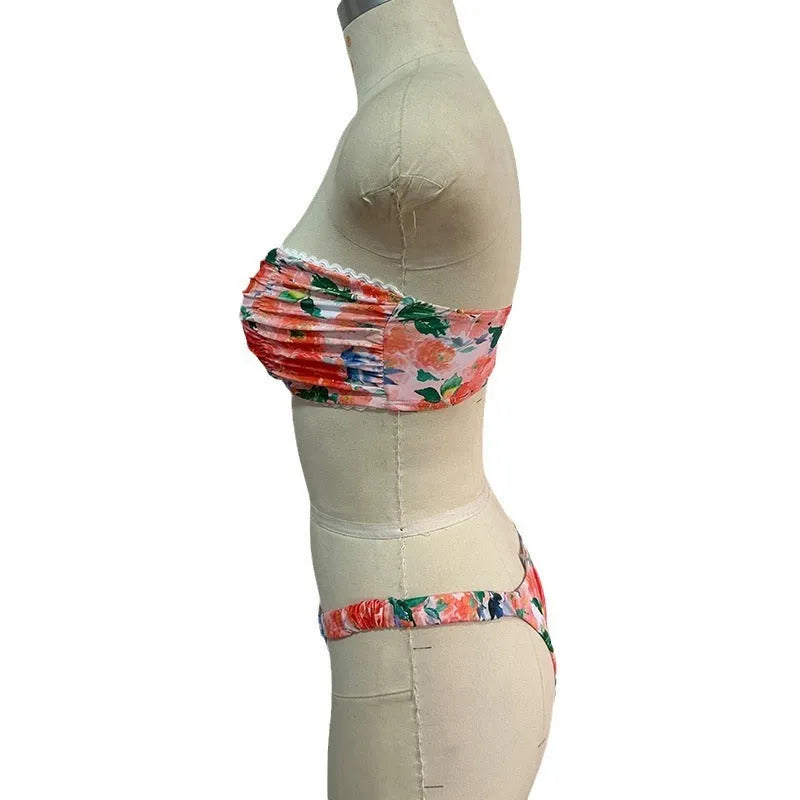 Women's floral print bikini set with lace trim tube top in blue colour