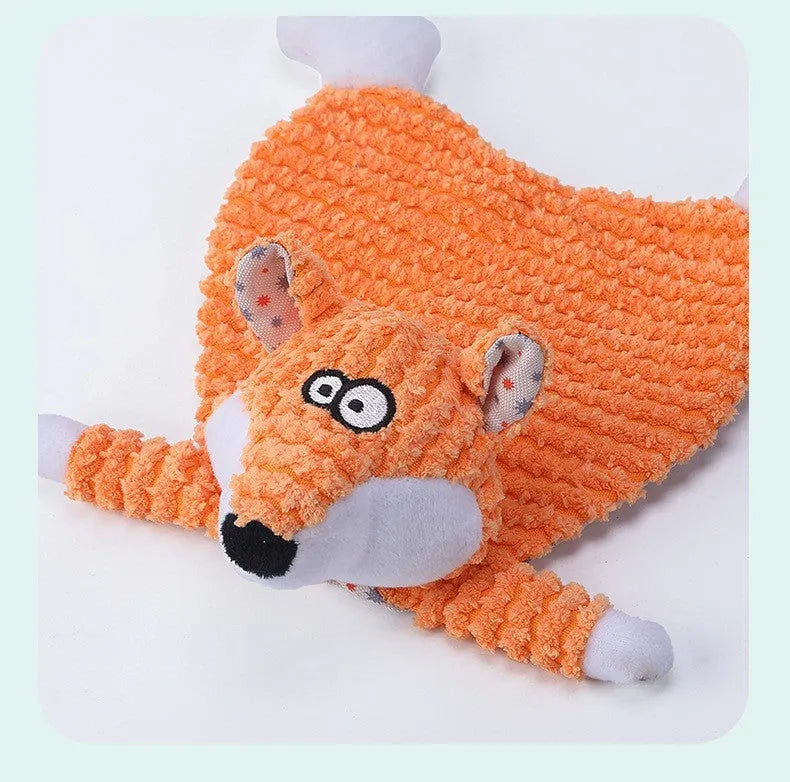 Brown and orange soft velvet pet stuffed toys shaped as an elephant and a fox for cats and dogs.