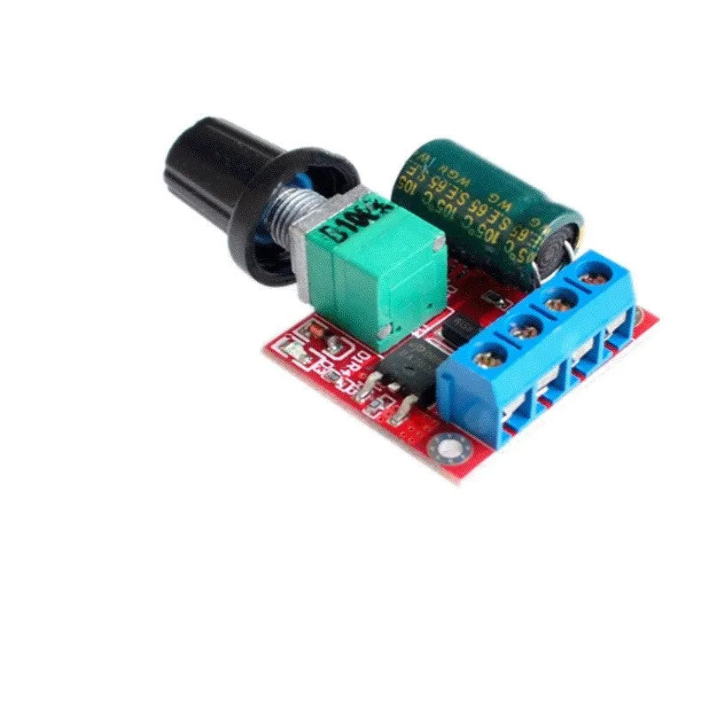 PWM DC motor speed governor module on a white background showing knob, terminals, and compact size.