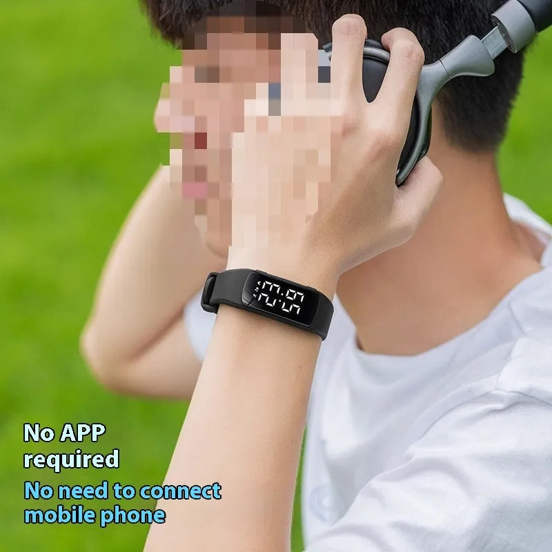Smart waterproof electronic watch with vibration alarm on a silicone strap, showing an LED display.