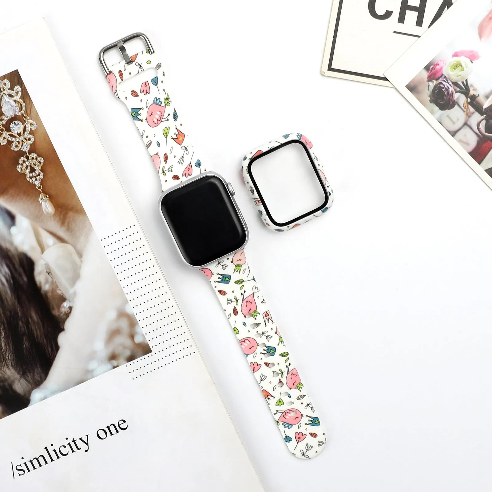 Printed silicone replacement strap for Apple Watch in various styles and sizes