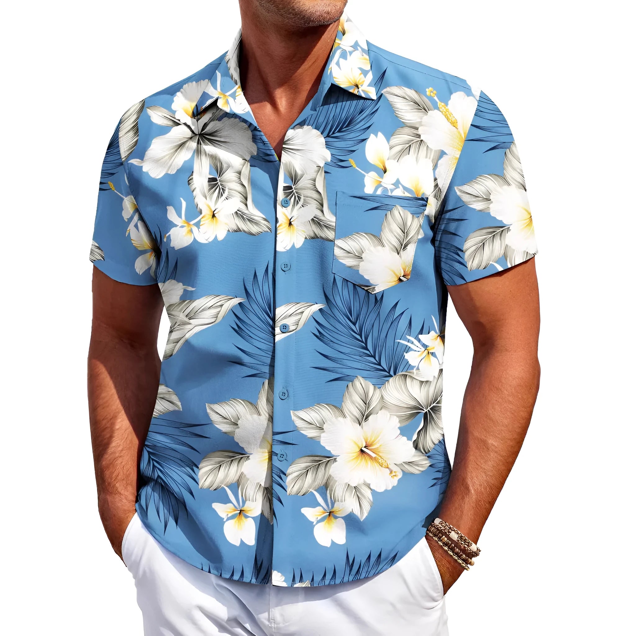 Man wearing a slim fit short sleeve Hawaiian shirt in four-sided elastic polyester fabric