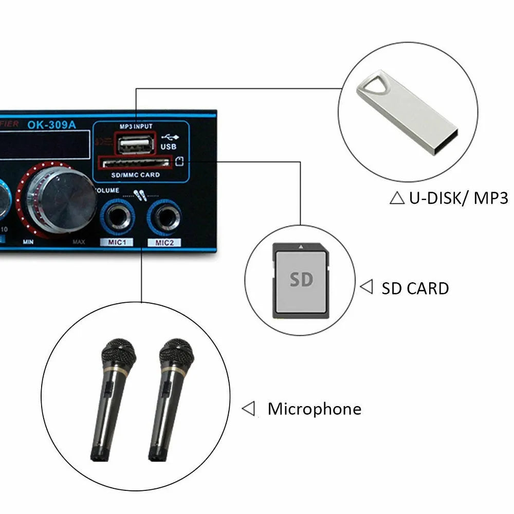 Black dual-purpose Bluetooth power amplifier with remote control on a table