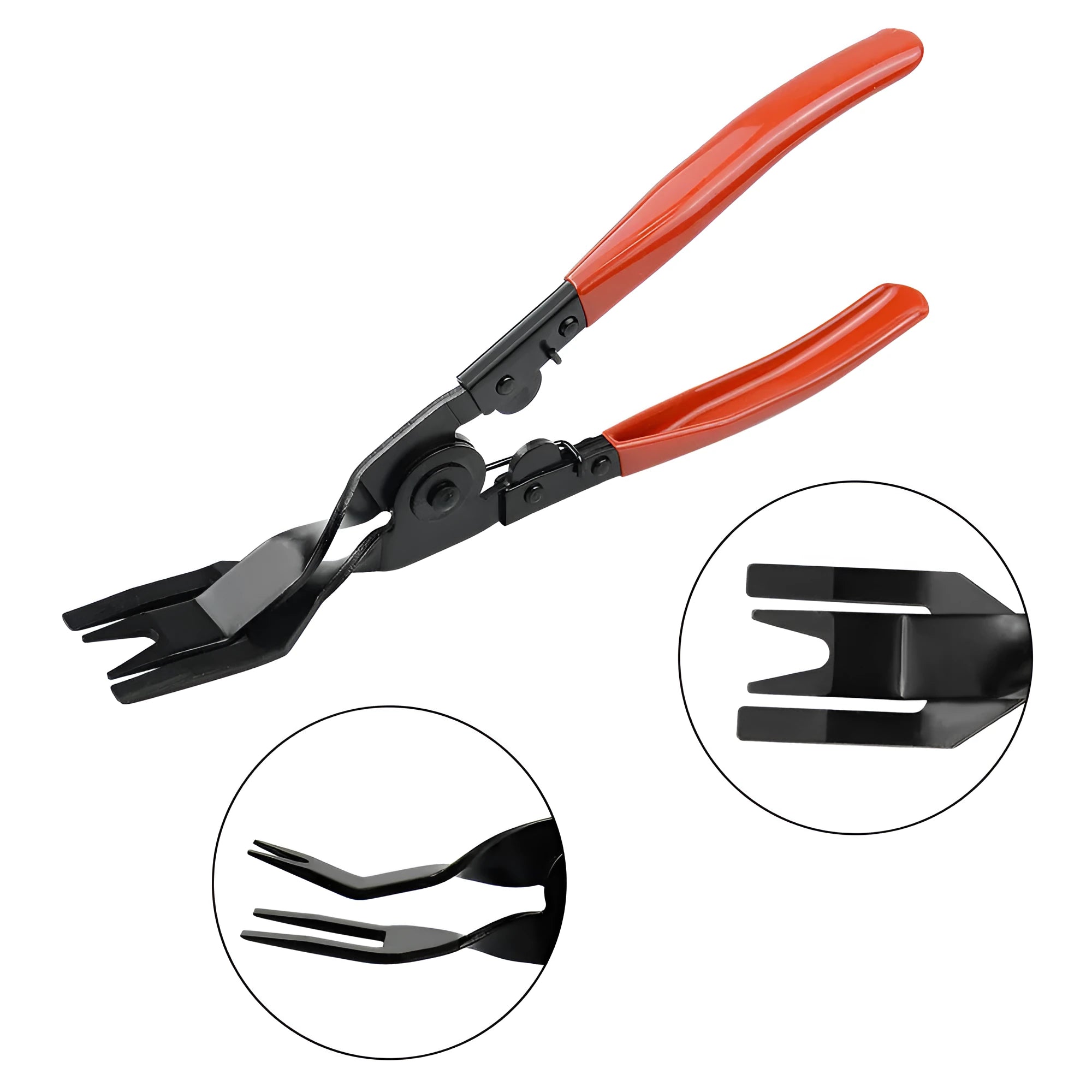 Red handle automotive clip driver tool for General Motors door panel removal with light switch pliers