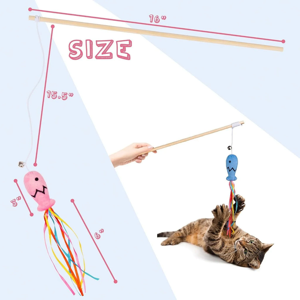 Cat wand toy with wooden handle, elastic rope, colourful ribbons, catnip fish, and bell attachment