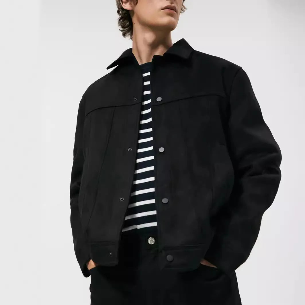 Men's black hooded jacket with suede collar, side pockets, and straight hem design for spring casual wear