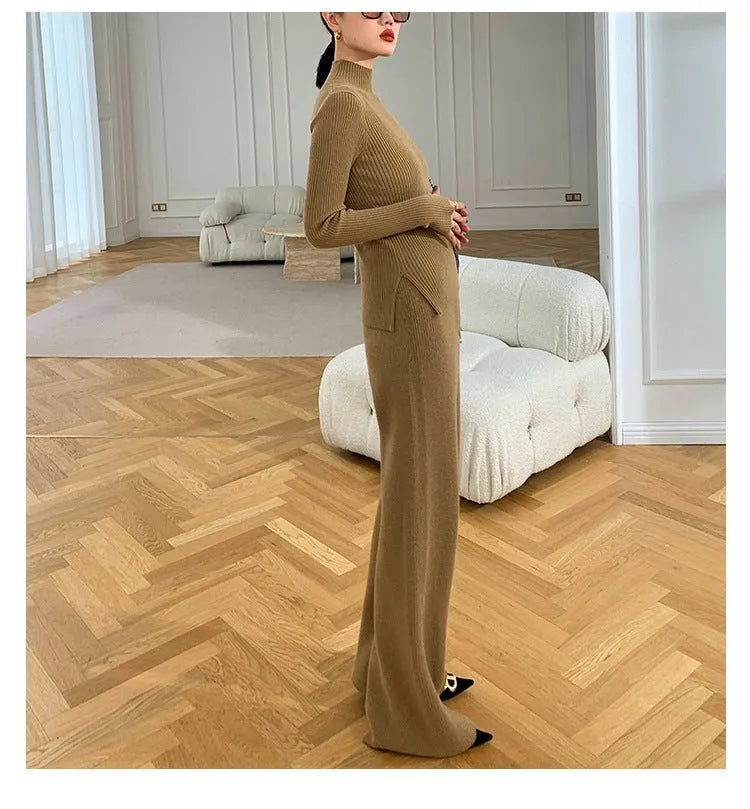 Women's apricot knitted wide-leg pants and cardigan three-piece set with leather stitching detail.