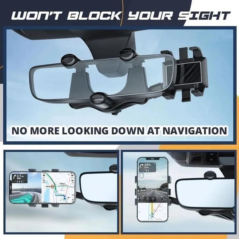 Black rearview mirror car phone holder with rotating head and telescopic arm extended