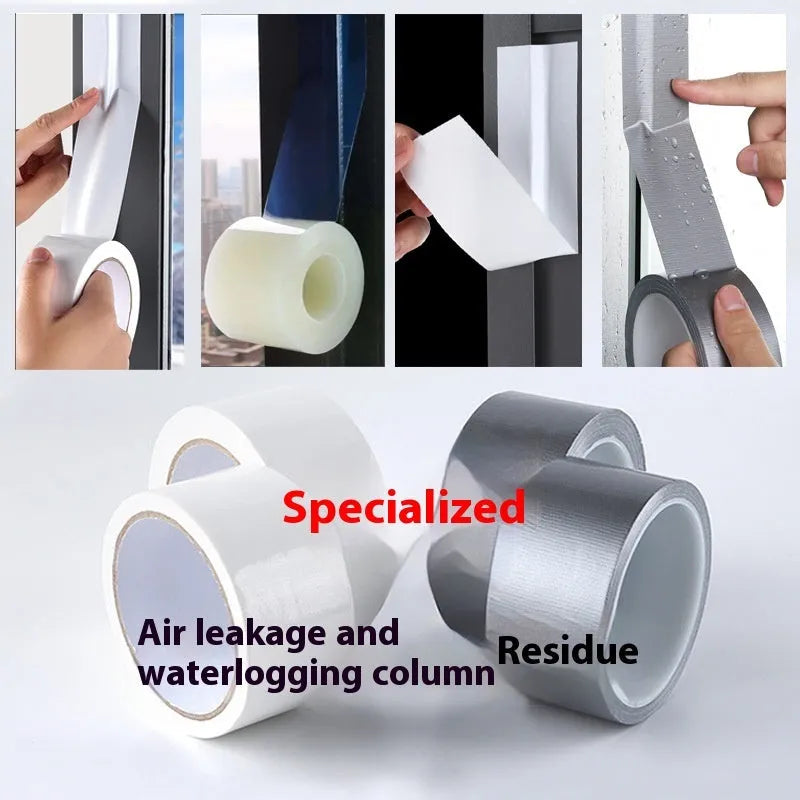 Roll of high-adhesive thickened windproof sealing tape in transparent colour on a windowsill.