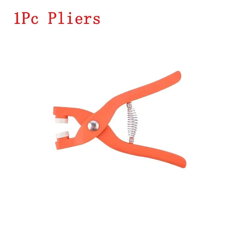 Stainless steel five claw no-sew button and application pliers for children's clothing.