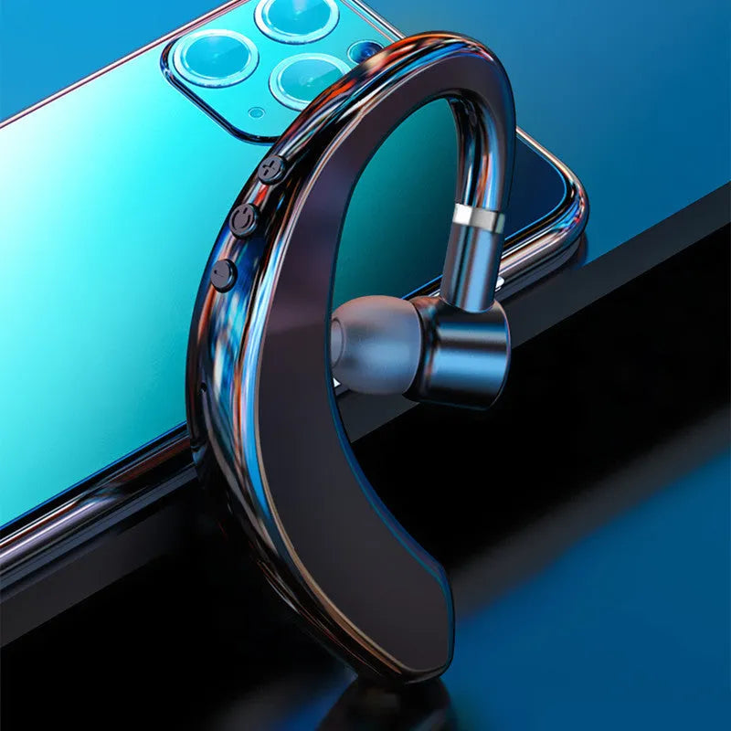 Black and blue unilateral wireless Bluetooth in-ear headset with rotatable earpiece.
