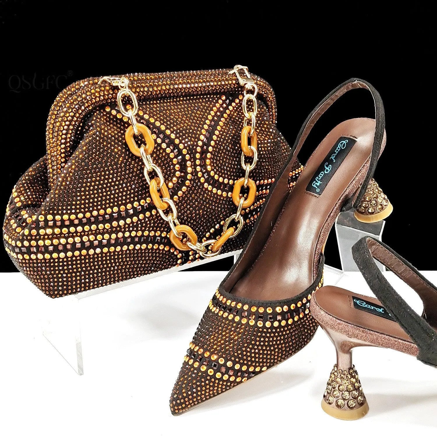 Pointed toe women's high heels with wine glass heel and matching bag in various colours