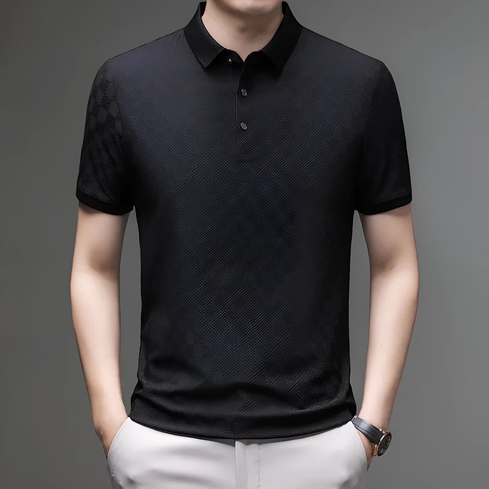 Rhombus thin Ice Silk short sleeve T-shirt with side slit detail in black, green, or brown.