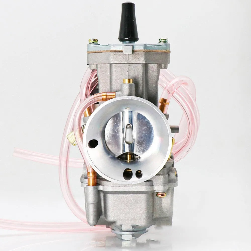Sandblasted PWK motorcycle carburetor kit with seven bore size options from 21mm to 34mm.