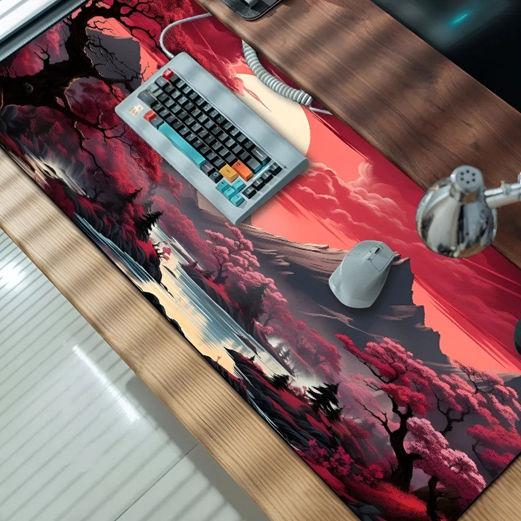Large black gaming mouse pad with colourful anime character graphic on a desk with keyboard and mouse.