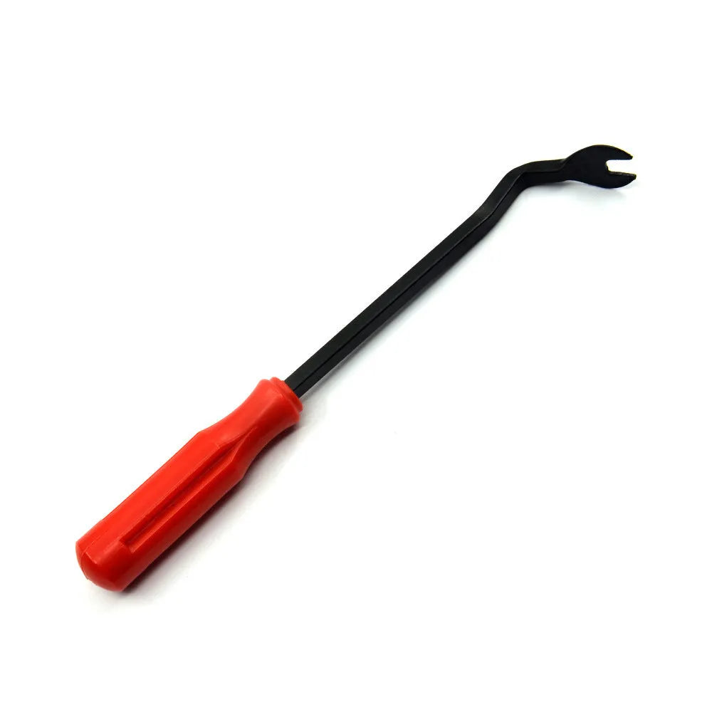 Red handle automotive clip driver tool for General Motors door panel removal with light switch pliers