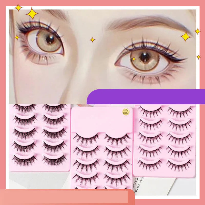5 pairs of manga-style false eyelashes on a black strip, showing natural wispy Korean makeup look.