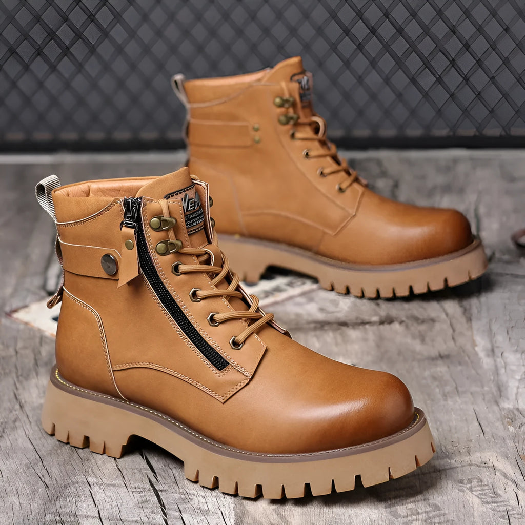 Men's brown high-top leather boots with side zipper and mid heel