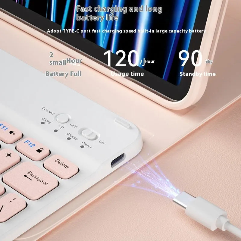 Bluetooth keyboard and rechargeable mouse set for tablet and PC on a desk.