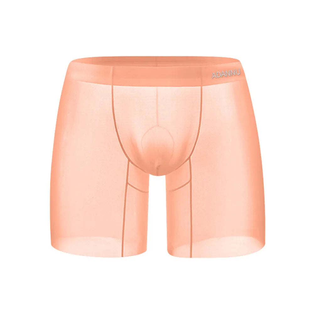 Men's seamless nylon boxer shorts in orange, pink, or red colours with low-waist sports design