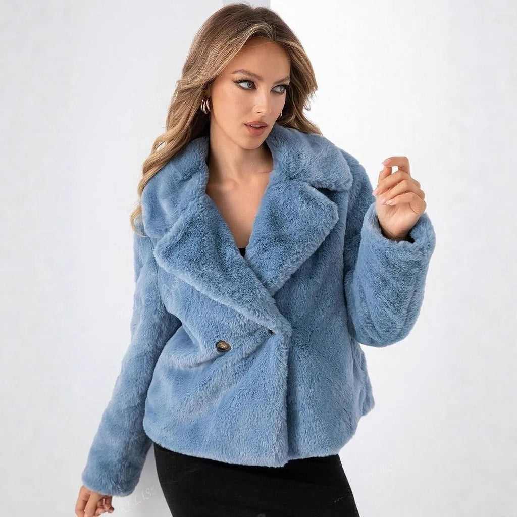 Women's loose-fit short faux fur coat in artificial fabric, shown in rose red colour with regular sleeves.