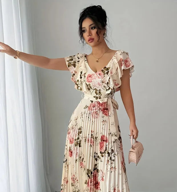 Apricot V-neck floral print dress with ruffled sleeves and swing skirt