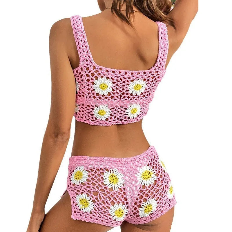 Women's floral pattern swimsuit bikini set in light green hollow yarn acrylic fabric