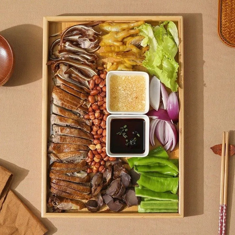 Brown handle bamboo serving tray with square shape and solid colour design