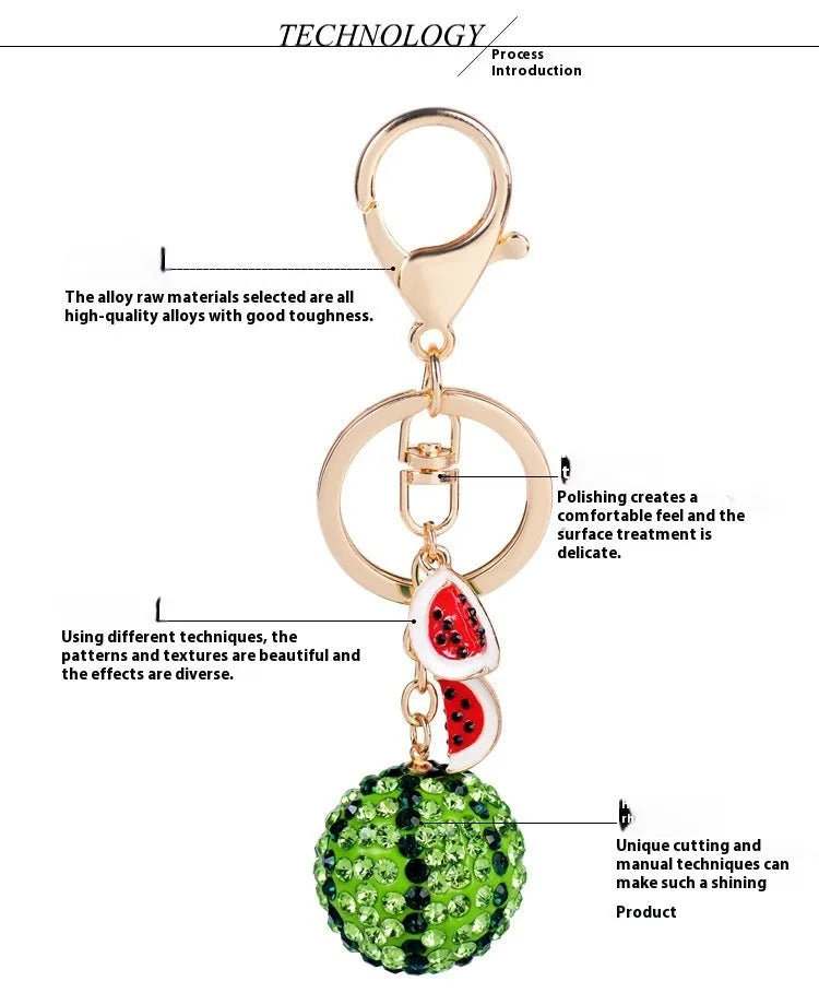 Green watermelon-shaped zinc alloy keychain measuring 12cm long