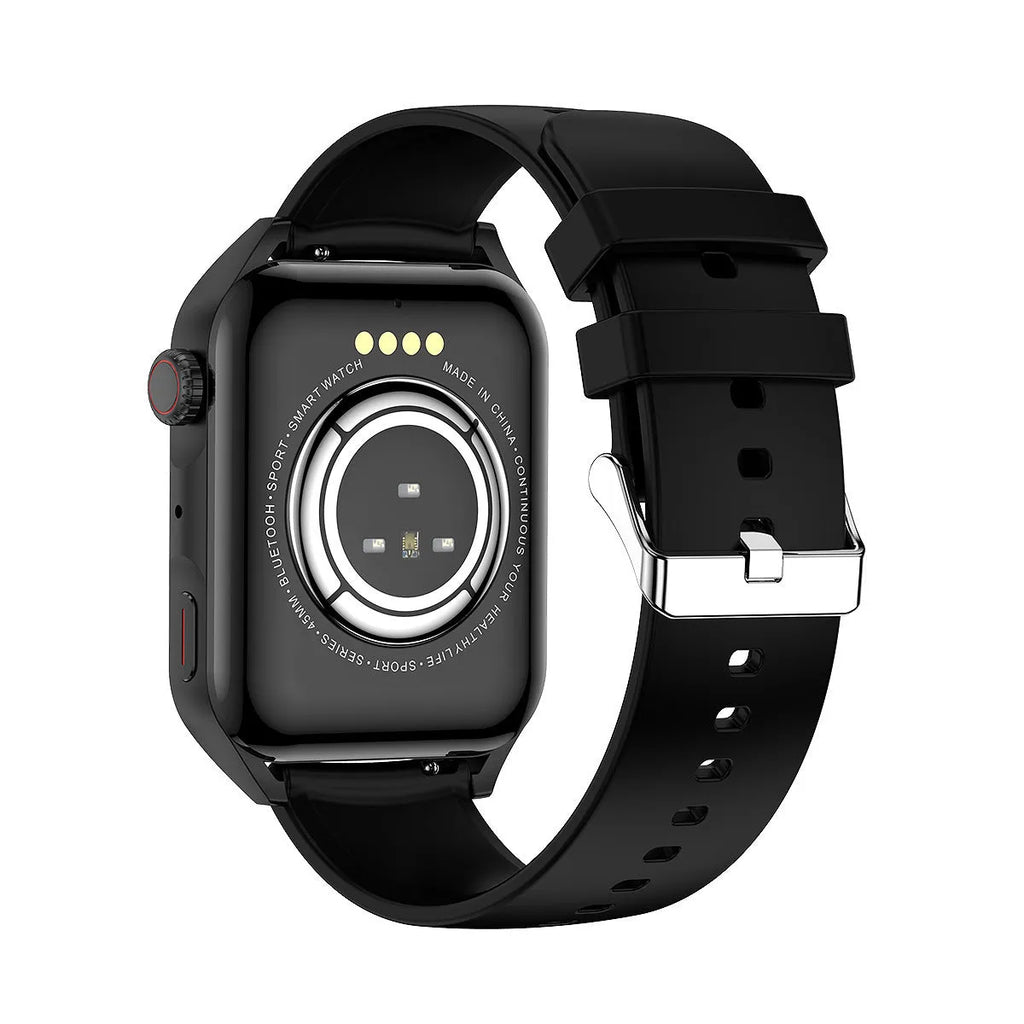 Black smart watch with 1.8 inch AMOLED screen and silicone wrist strap showing multiple watch face options