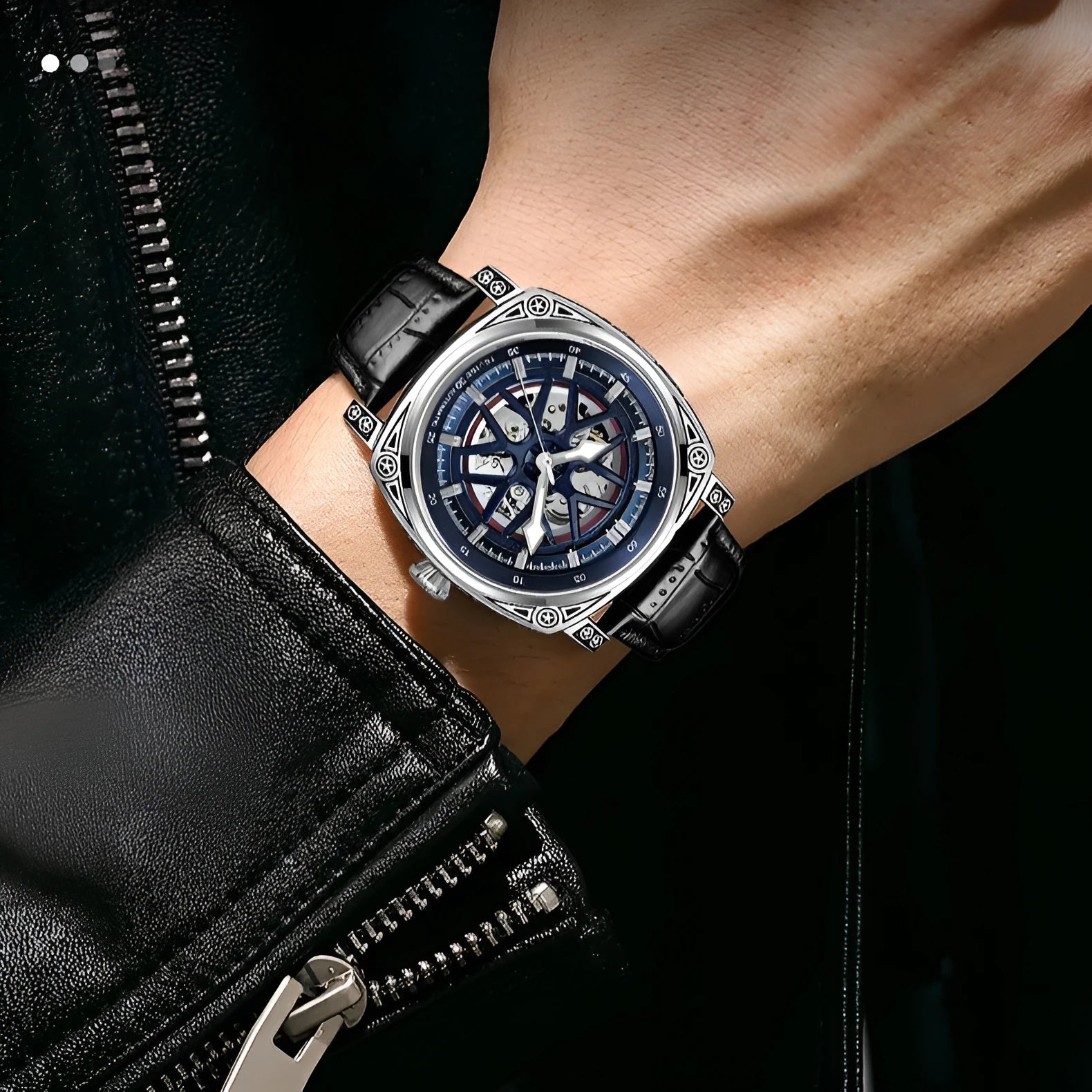 Men's stainless steel automatic mechanical watch with leather strap in four colour options