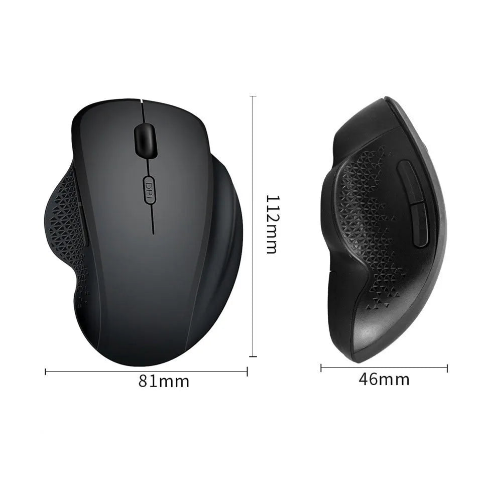 Black wireless laptop mouse with USB charging cable on grey background