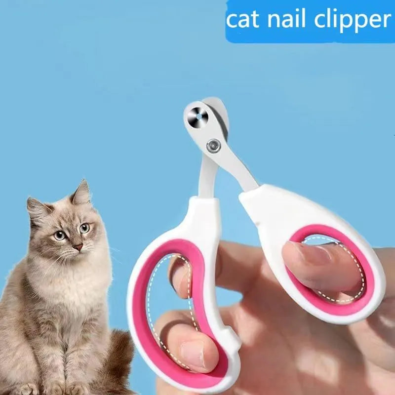 Blue cat nail clippers with a circular guide hole and non-slip grip handle on a white surface.