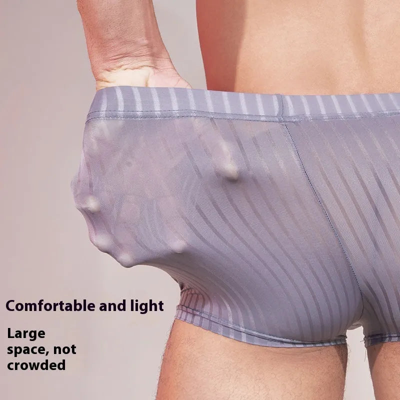 Men's striped nylon underwear in black, shown flat, highlighting thin fabric and free-size fit.