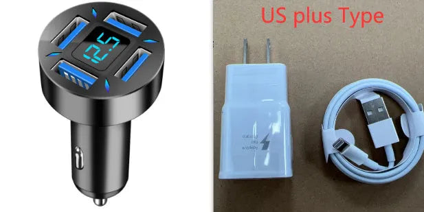Black four-port USB car charger with LED digital display, compact design for vehicle use.