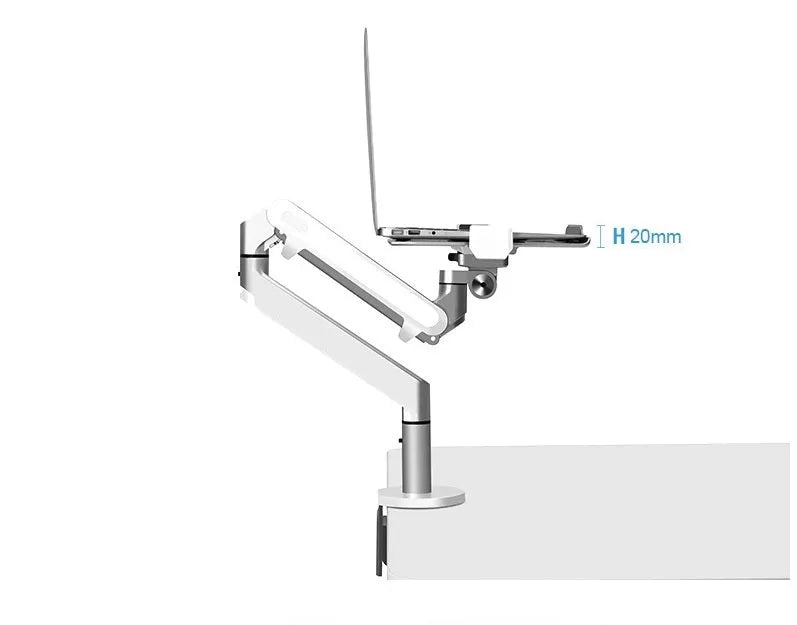 Silver aluminium VESA laptop mounting bracket with adjustable air pressure arm mechanism