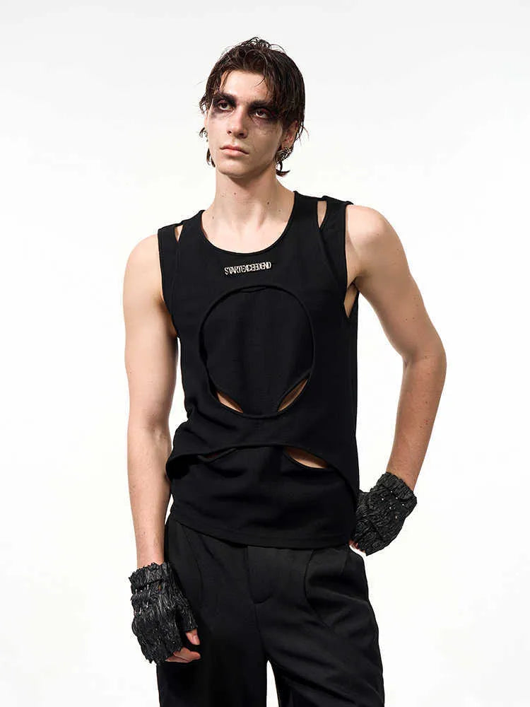 Men's loose fit sleeveless waistcoat in hollow white thread construction