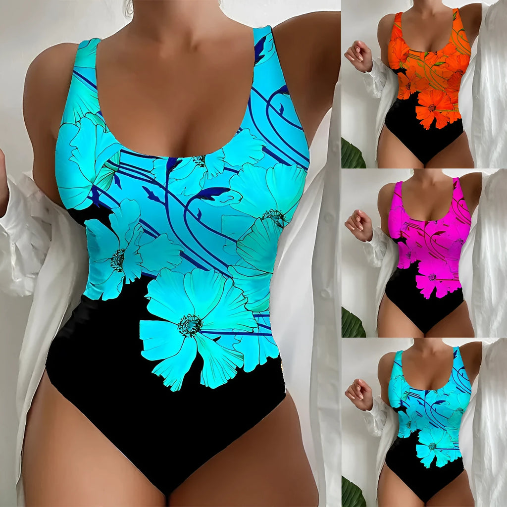 Women's 3D printed one-piece swimsuit in Lycra fabric showing orange red, sky blue, and purple colour options