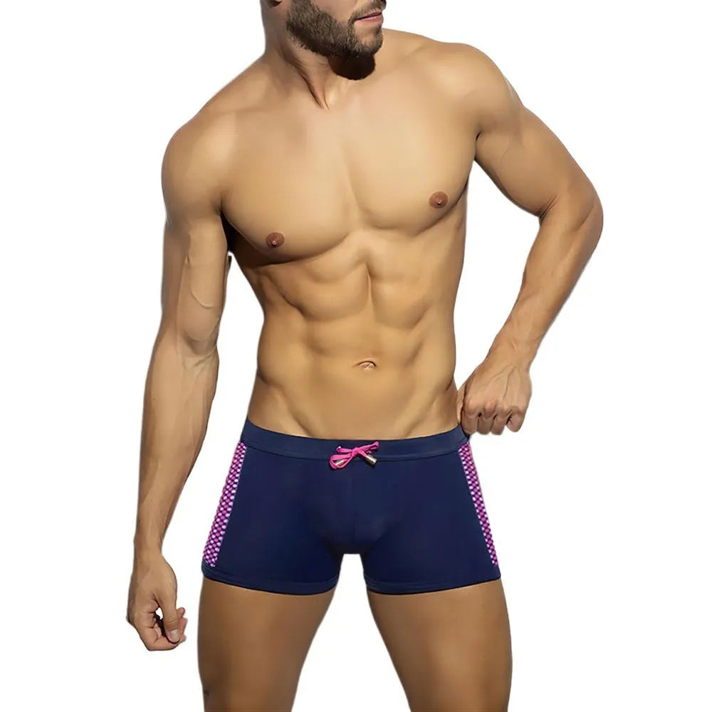 Men's polka dot print swimming boxers in quick-dry nylon fabric shown in available colours