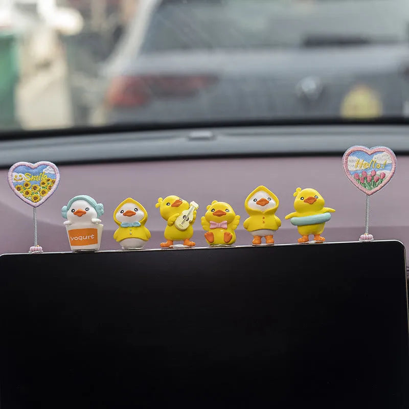 PVC plastic car interior decoration set with six yellow duck ornaments and one welcome sign