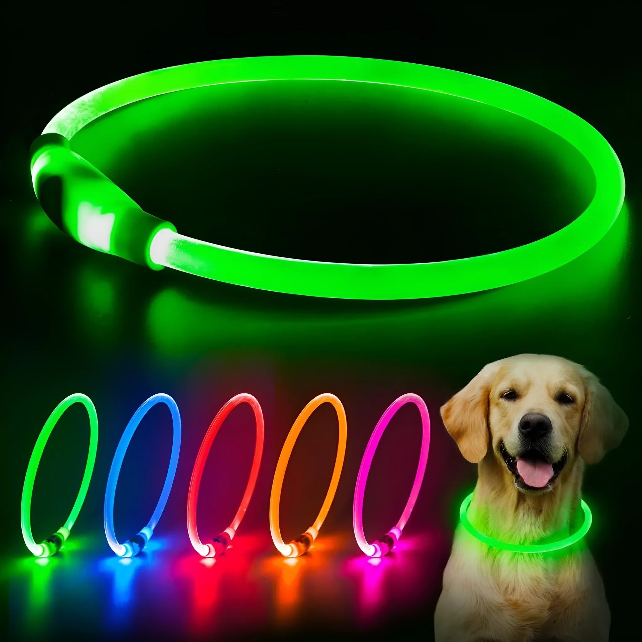 USB rechargeable LED dog collar with glowing light in blue colour, adjustable 70cm length