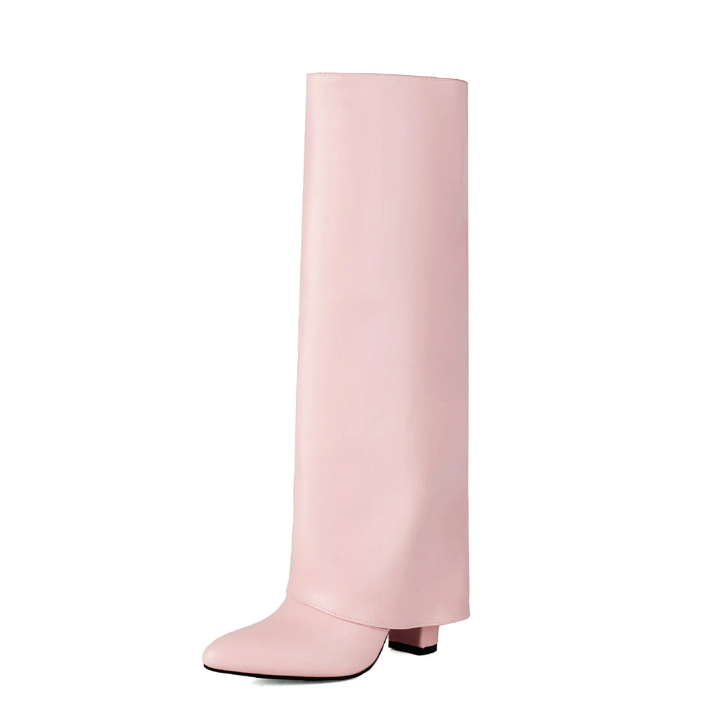 Women's plus size high heel boots in black artificial PU with sewing line detail and high cylinder shaft.