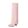 Women's plus size high heel boots in black artificial PU with sewing line detail and high cylinder shaft.
