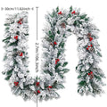 White flocked snow on a brown rattan vine Christmas garland draped over a mantelpiece.