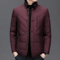 Dark blue men's short-length cotton-padded winter coat with side seam pockets on a hanger.