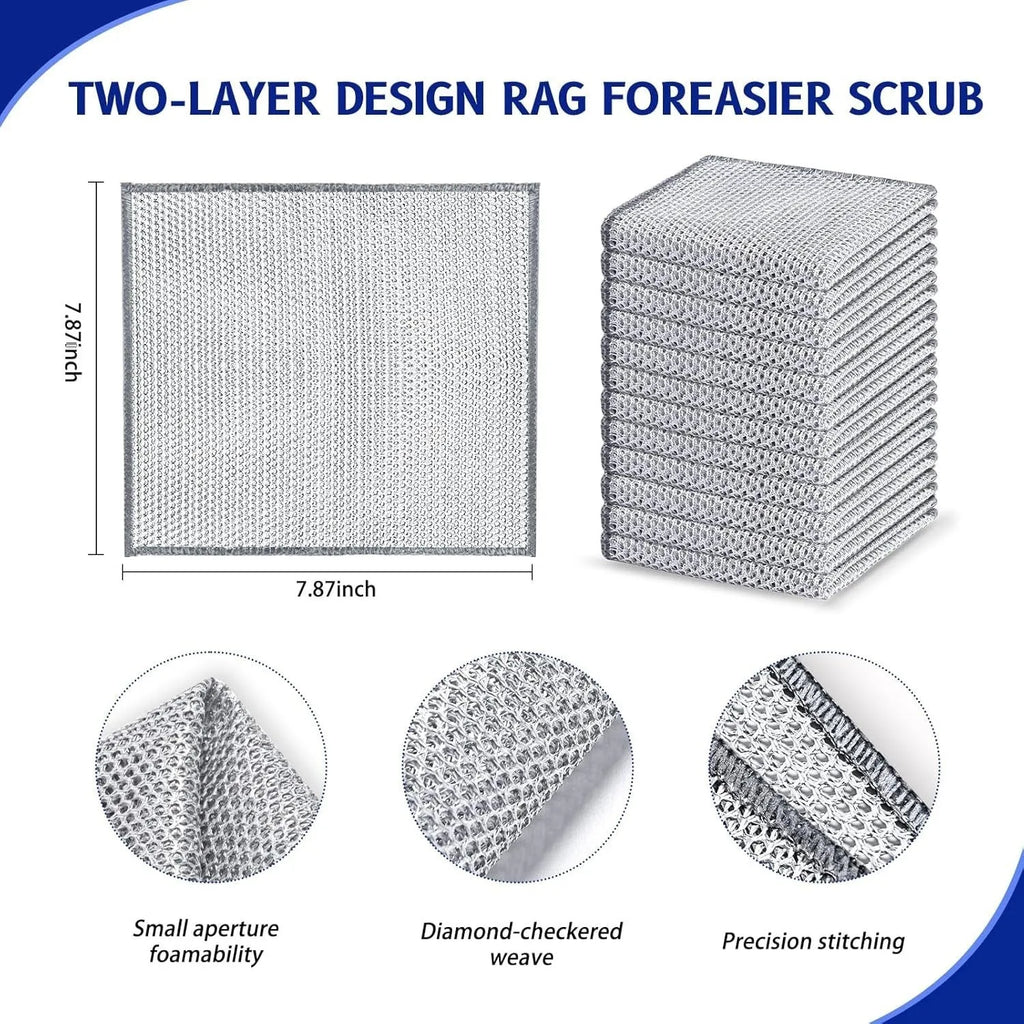 Silver silk rag cleaning cloth with steel wire ball construction for kitchen pots and bowls