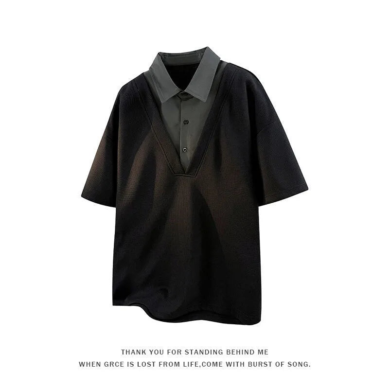 Men's apricot and black heavy Henry collar short sleeve polo sweater made from thin spandex fabric.